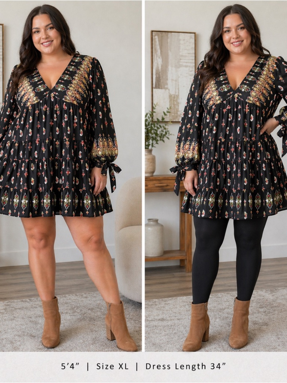 CBR Black Floral V-Neck Tiered Mini Dress with Gold Accent